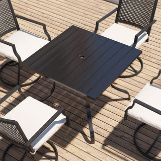 36.42-Inch Square Black Steel Outdoor Dining Table with Umbrella Hole – Patio Table for Deck, Lawn & Garden