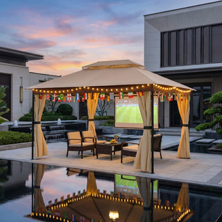 10x13 FT Outdoor Gazebo with Iron Frame & Double Roof Canopy
