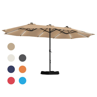 15FT Double-Sided Patio Umbrella with Solar LED String Lights & Base – Day-to-Night Outdoor Shade for Backyard & Pool