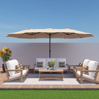 15FT Double-Sided Patio Umbrella with Solar LED String Lights & Base – Day-to-Night Outdoor Shade for Backyard & Pool