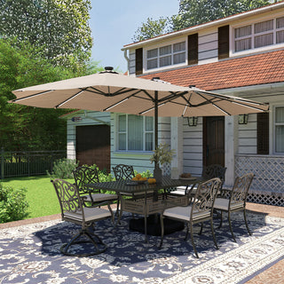 15FT Double-Sided Patio Umbrella with Solar LED String Lights & Base – Day-to-Night Outdoor Shade for Backyard & Pool