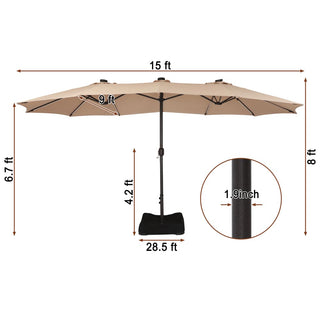 15FT Double-Sided Patio Umbrella with Solar LED String Lights & Base – Day-to-Night Outdoor Shade for Backyard & Pool