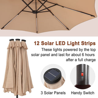 15FT Double-Sided Patio Umbrella with Solar LED String Lights & Base – Day-to-Night Outdoor Shade for Backyard & Pool
