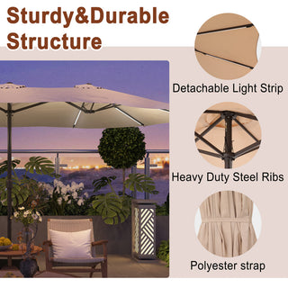 15FT Double-Sided Patio Umbrella with Solar LED String Lights & Base – Day-to-Night Outdoor Shade for Backyard & Pool