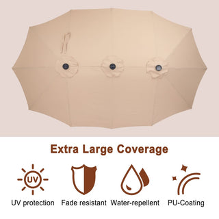 15FT Double-Sided Patio Umbrella with Solar LED String Lights & Base – Day-to-Night Outdoor Shade for Backyard & Pool