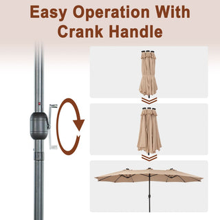 15FT Double-Sided Patio Umbrella with Solar LED String Lights & Base – Day-to-Night Outdoor Shade for Backyard & Pool