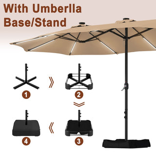 15FT Double-Sided Patio Umbrella with Solar LED String Lights & Base – Day-to-Night Outdoor Shade for Backyard & Pool