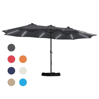 15FT Double-Sided Patio Umbrella with Solar LED String Lights & Base – Day-to-Night Outdoor Shade for Backyard & Pool