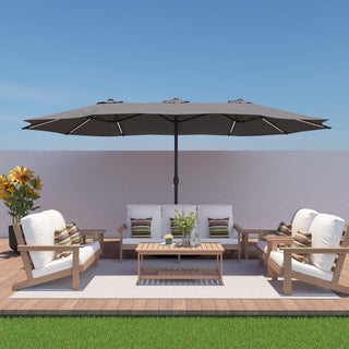 15FT Double-Sided Patio Umbrella with Solar LED String Lights & Base – Day-to-Night Outdoor Shade for Backyard & Pool