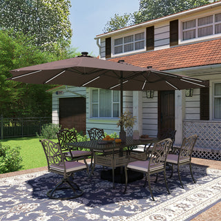 15FT Double-Sided Patio Umbrella with Solar LED String Lights & Base – Day-to-Night Outdoor Shade for Backyard & Pool
