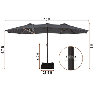 15FT Double-Sided Patio Umbrella with Solar LED String Lights & Base – Day-to-Night Outdoor Shade for Backyard & Pool
