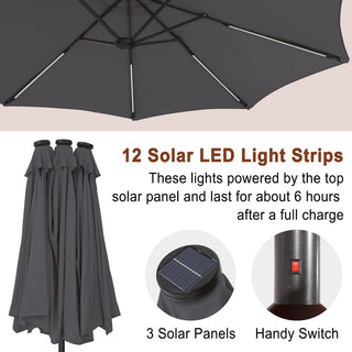 15FT Double-Sided Patio Umbrella with Solar LED String Lights & Base – Day-to-Night Outdoor Shade for Backyard & Pool
