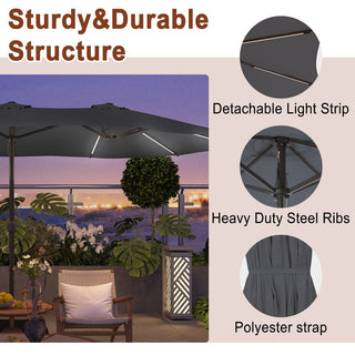 15FT Double-Sided Patio Umbrella with Solar LED String Lights & Base – Day-to-Night Outdoor Shade for Backyard & Pool