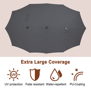 15FT Double-Sided Patio Umbrella with Solar LED String Lights & Base – Day-to-Night Outdoor Shade for Backyard & Pool