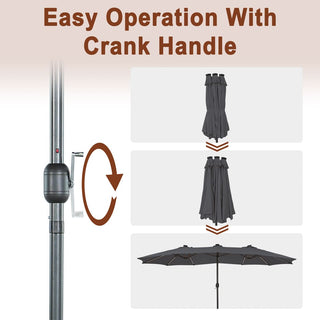 15FT Double-Sided Patio Umbrella with Solar LED String Lights & Base – Day-to-Night Outdoor Shade for Backyard & Pool