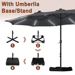 15FT Double-Sided Patio Umbrella with Solar LED String Lights & Base – Day-to-Night Outdoor Shade for Backyard & Pool