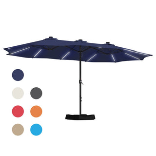 15FT Double-Sided Patio Umbrella with Solar LED String Lights & Base – Day-to-Night Outdoor Shade for Backyard & Pool