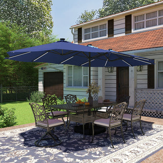 15FT Double-Sided Patio Umbrella with Solar LED String Lights & Base – Day-to-Night Outdoor Shade for Backyard & Pool