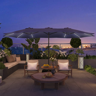 15FT Double-Sided Patio Umbrella with Solar LED String Lights & Base – Day-to-Night Outdoor Shade for Backyard & Pool