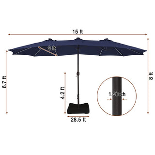 15FT Double-Sided Patio Umbrella with Solar LED String Lights & Base – Day-to-Night Outdoor Shade for Backyard & Pool