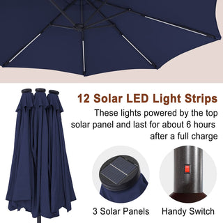 15FT Double-Sided Patio Umbrella with Solar LED String Lights & Base – Day-to-Night Outdoor Shade for Backyard & Pool