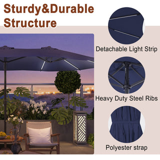 15FT Double-Sided Patio Umbrella with Solar LED String Lights & Base – Day-to-Night Outdoor Shade for Backyard & Pool