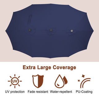 15FT Double-Sided Patio Umbrella with Solar LED String Lights & Base – Day-to-Night Outdoor Shade for Backyard & Pool