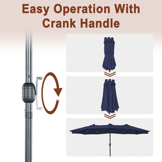 15FT Double-Sided Patio Umbrella with Solar LED String Lights & Base – Day-to-Night Outdoor Shade for Backyard & Pool