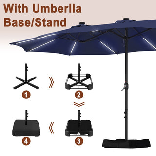 15FT Double-Sided Patio Umbrella with Solar LED String Lights & Base – Day-to-Night Outdoor Shade for Backyard & Pool
