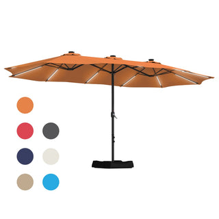 15FT Double-Sided Patio Umbrella with Solar LED String Lights & Base – Day-to-Night Outdoor Shade for Backyard & Pool