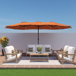 15FT Double-Sided Patio Umbrella with Solar LED String Lights & Base – Day-to-Night Outdoor Shade for Backyard & Pool