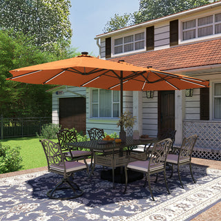 15FT Double-Sided Patio Umbrella with Solar LED String Lights & Base – Day-to-Night Outdoor Shade for Backyard & Pool