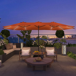 15FT Double-Sided Patio Umbrella with Solar LED String Lights & Base – Day-to-Night Outdoor Shade for Backyard & Pool