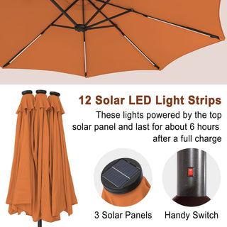 15FT Double-Sided Patio Umbrella with Solar LED String Lights & Base – Day-to-Night Outdoor Shade for Backyard & Pool