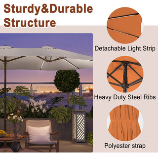 15FT Double-Sided Patio Umbrella with Solar LED String Lights & Base – Day-to-Night Outdoor Shade for Backyard & Pool
