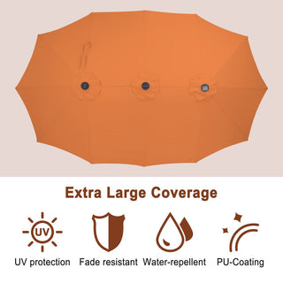 15FT Double-Sided Patio Umbrella with Solar LED String Lights & Base – Day-to-Night Outdoor Shade for Backyard & Pool