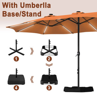 15FT Double-Sided Patio Umbrella with Solar LED String Lights & Base – Day-to-Night Outdoor Shade for Backyard & Pool