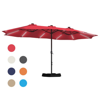 15FT Double-Sided Patio Umbrella with Solar LED String Lights & Base – Day-to-Night Outdoor Shade for Backyard & Pool