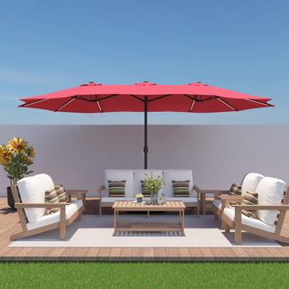 15FT Double-Sided Patio Umbrella with Solar LED String Lights & Base – Day-to-Night Outdoor Shade for Backyard & Pool