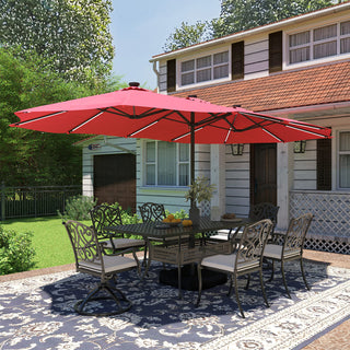 15FT Double-Sided Patio Umbrella with Solar LED String Lights & Base – Day-to-Night Outdoor Shade for Backyard & Pool