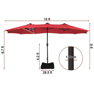 15FT Double-Sided Patio Umbrella with Solar LED String Lights & Base – Day-to-Night Outdoor Shade for Backyard & Pool