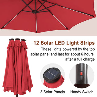 15FT Double-Sided Patio Umbrella with Solar LED String Lights & Base – Day-to-Night Outdoor Shade for Backyard & Pool