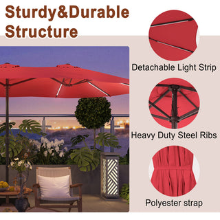 15FT Double-Sided Patio Umbrella with Solar LED String Lights & Base – Day-to-Night Outdoor Shade for Backyard & Pool