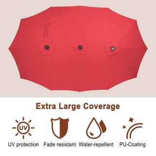 15FT Double-Sided Patio Umbrella with Solar LED String Lights & Base – Day-to-Night Outdoor Shade for Backyard & Pool
