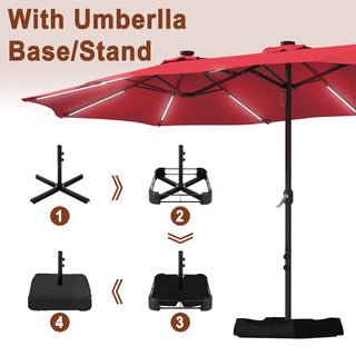 15FT Double-Sided Patio Umbrella with Solar LED String Lights & Base – Day-to-Night Outdoor Shade for Backyard & Pool