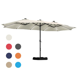 15FT Double-Sided Patio Umbrella with Solar LED String Lights & Base – Day-to-Night Outdoor Shade for Backyard & Pool