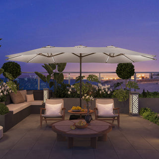 15FT Double-Sided Patio Umbrella with Solar LED String Lights & Base – Day-to-Night Outdoor Shade for Backyard & Pool
