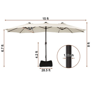 15FT Double-Sided Patio Umbrella with Solar LED String Lights & Base – Day-to-Night Outdoor Shade for Backyard & Pool