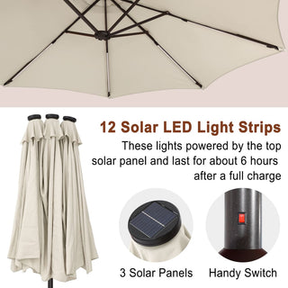 15FT Double-Sided Patio Umbrella with Solar LED String Lights & Base – Day-to-Night Outdoor Shade for Backyard & Pool
