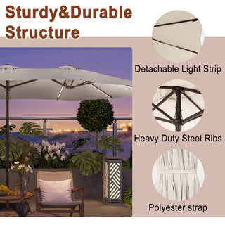15FT Double-Sided Patio Umbrella with Solar LED String Lights & Base – Day-to-Night Outdoor Shade for Backyard & Pool